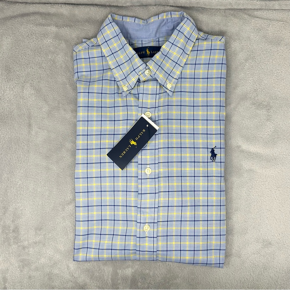 NWT Ralph Lauren Men's Blue and Yellow Checkered Shirt Size L 100% Cotton